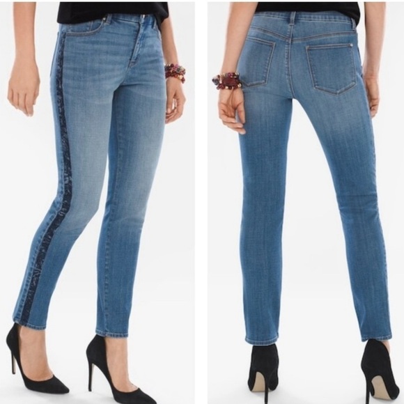 CHICO’S So Slimming Girlfriend Crop Jean  Women’s Sz. 12 Black Embroidered Seams - Picture 8 of 11